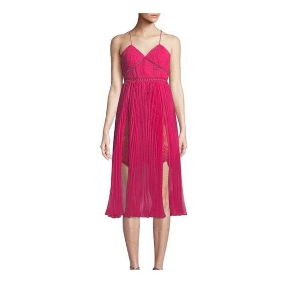 NWT Self-Portrait Fuchsia Pink Pleated Chiffon Midi Dress Size 10 - Picture 7 of 16